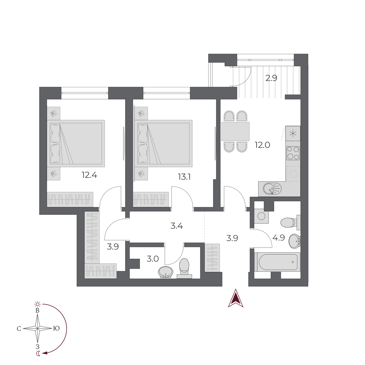 2 комнаты 59.5 м²