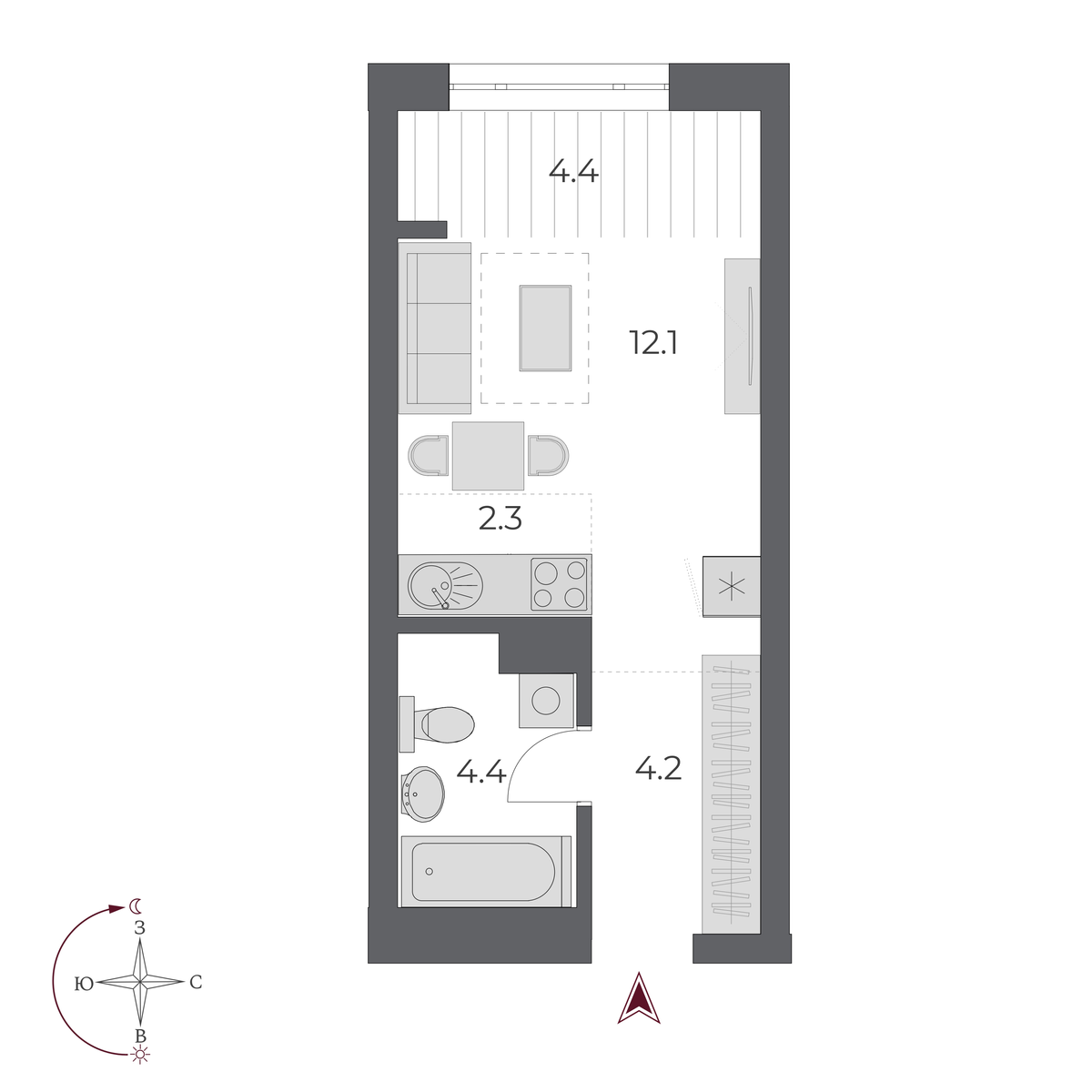 1 комната 27.4 м²