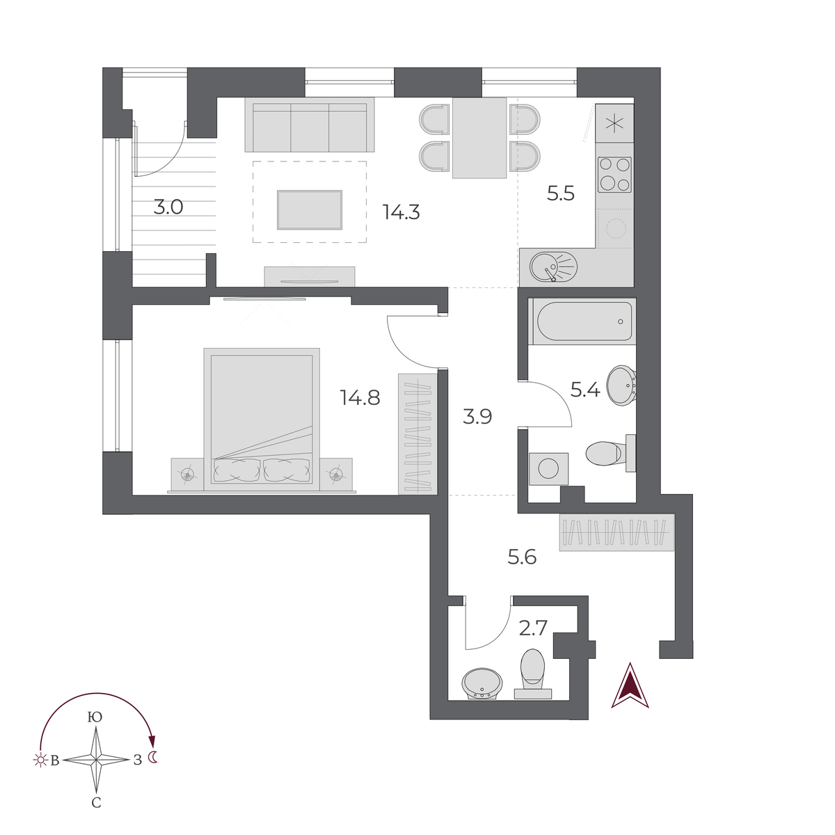 2 комнаты 55.2 м²