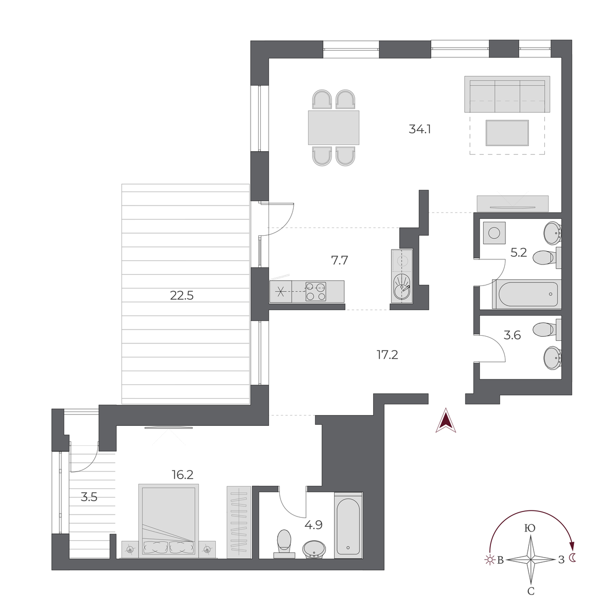 2 комнаты 114.9 м²