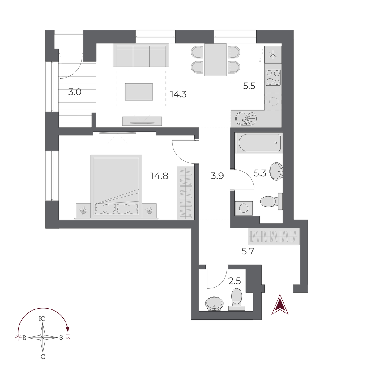 2 комнаты 55 м²