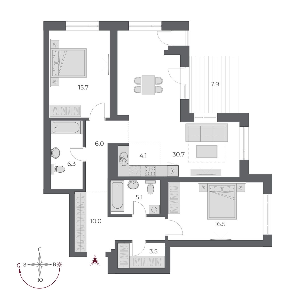 3 комнаты 105.8 м²