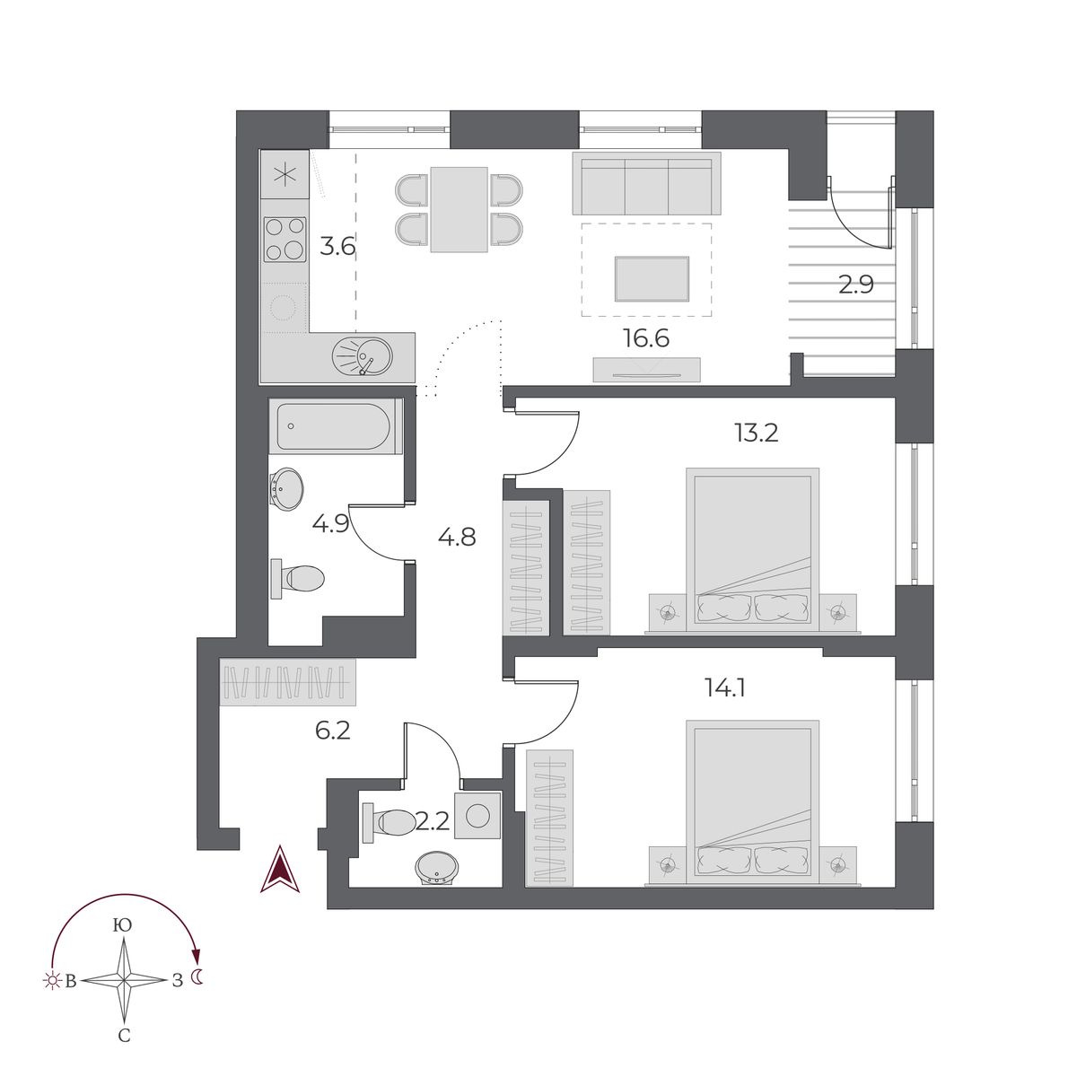 3 комнаты 68.5 м²