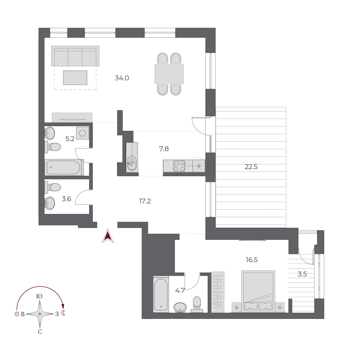 2 комнаты 115 м²