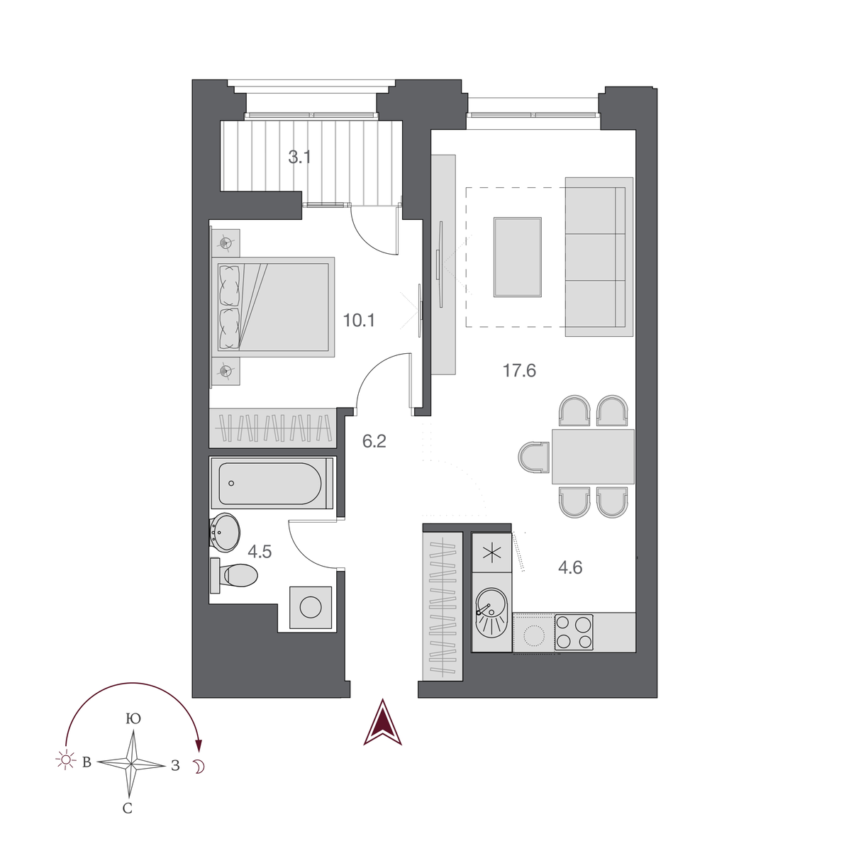 2 комнаты 42.8 м²