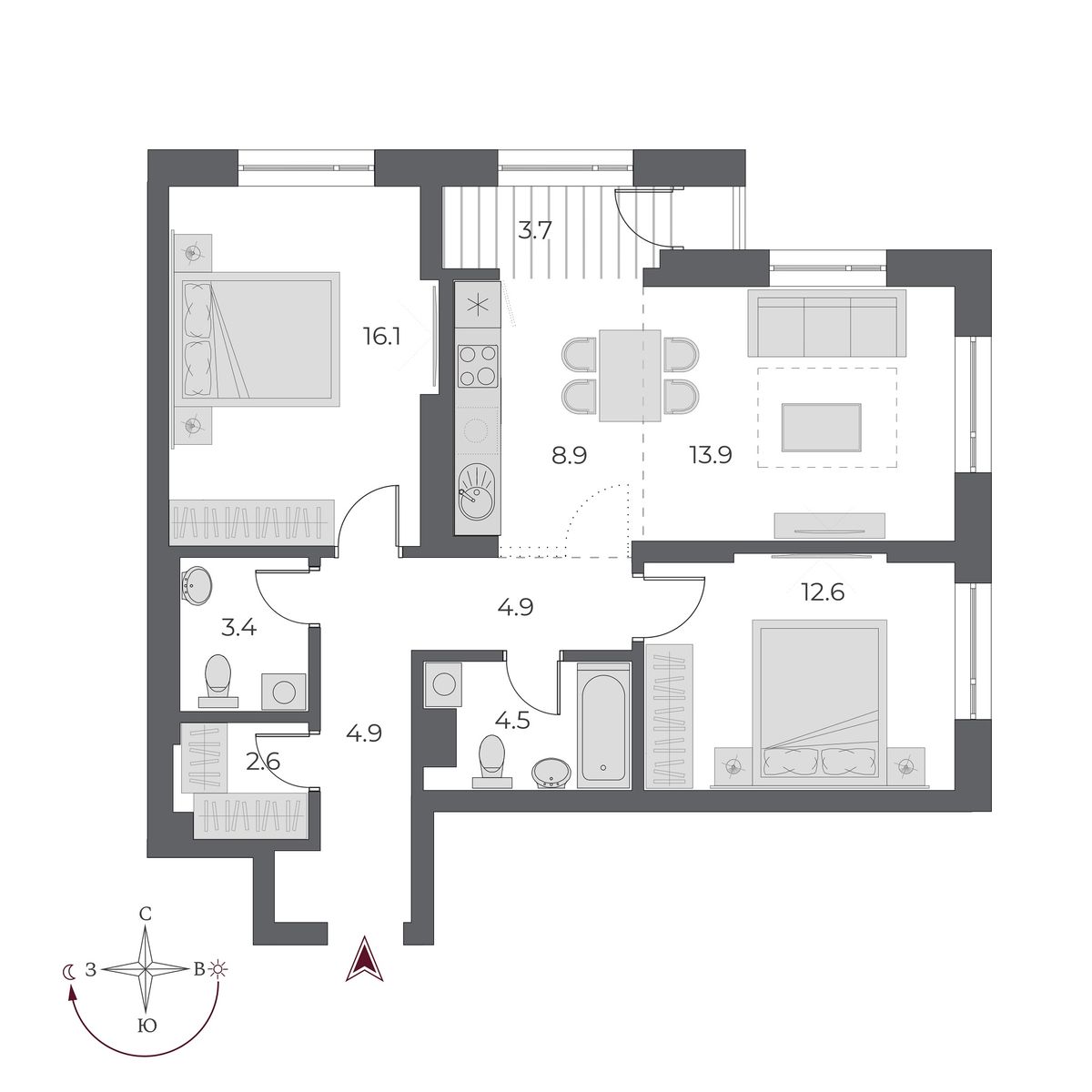 3 комнаты 75.1 м²