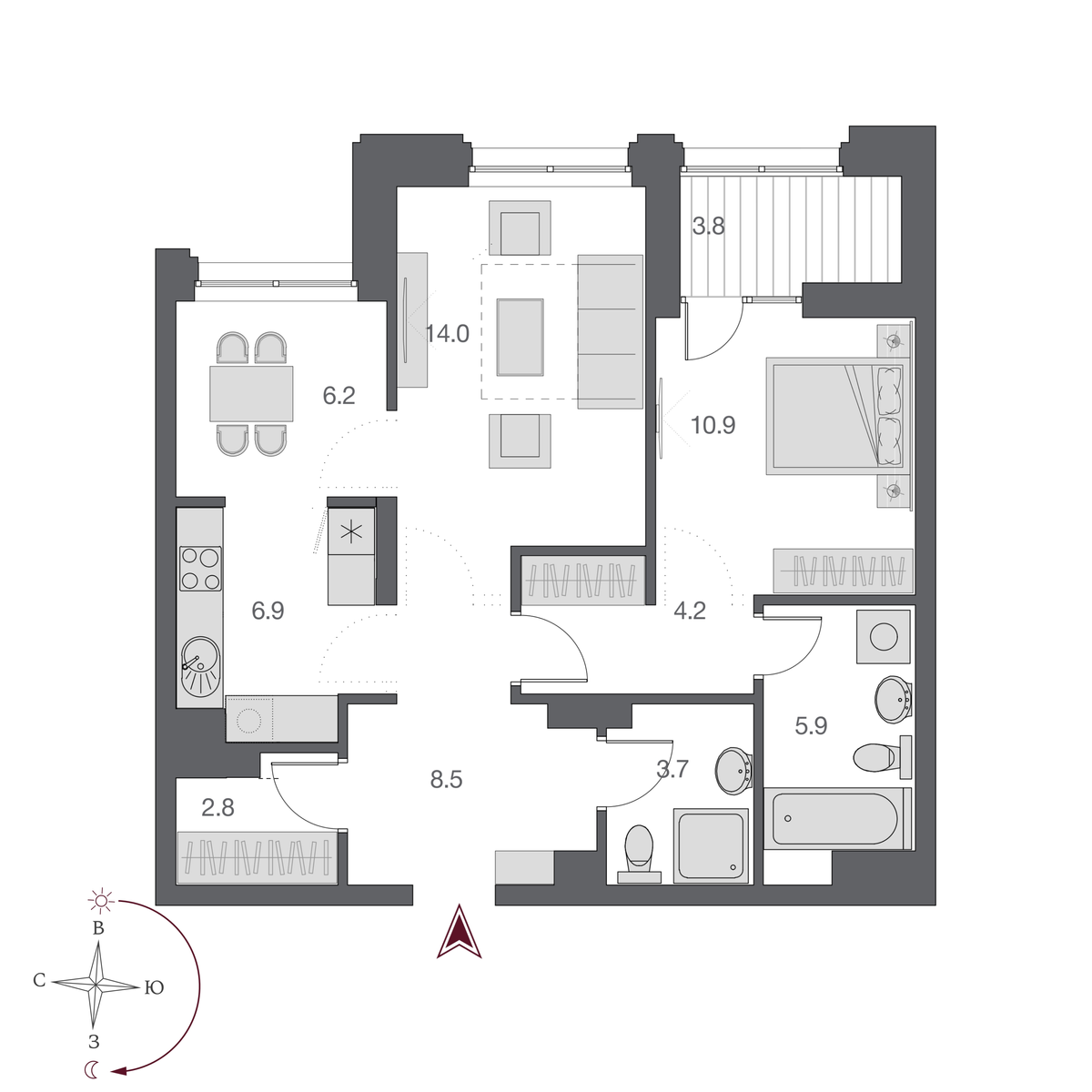 2 комнаты 62.9 м²