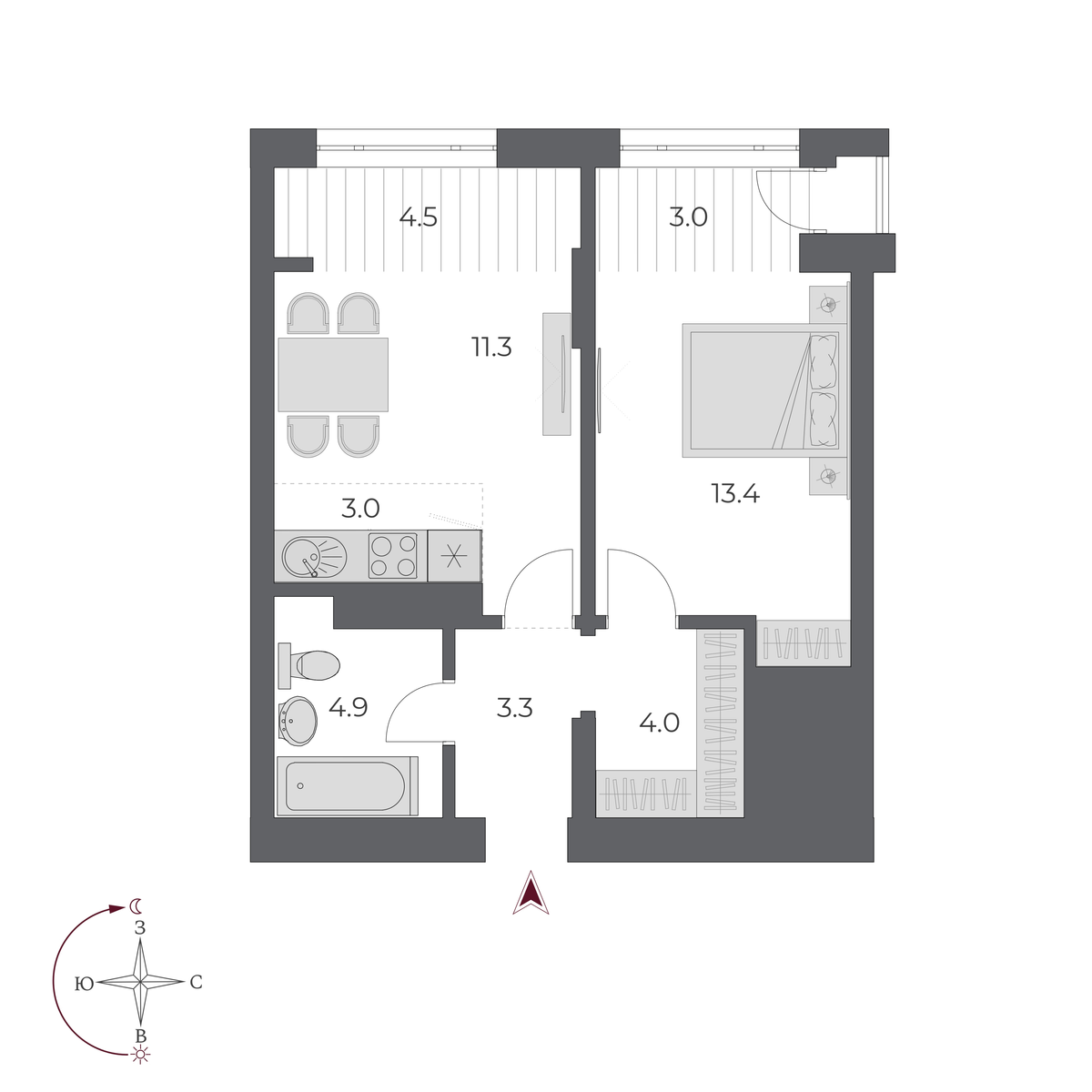 2 комнаты 47.4 м²