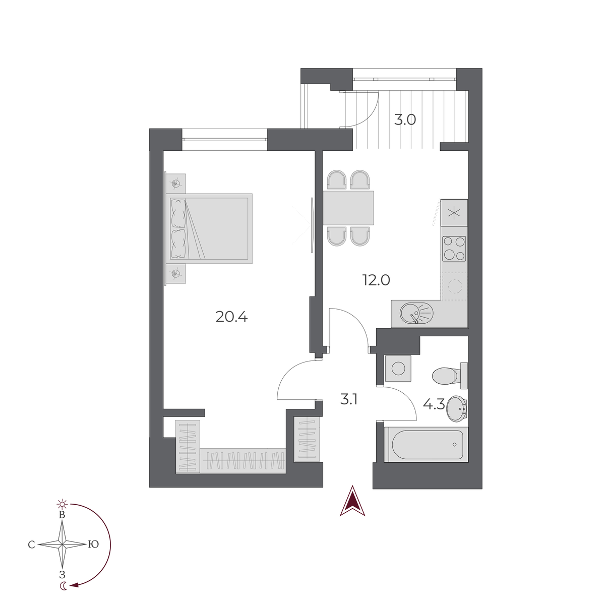1 комната 42.8 м²